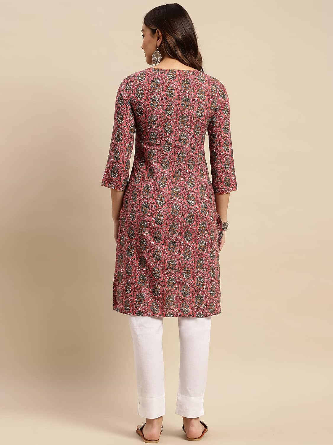 Rangita Coral Cotton Knee Length Printed Straight Kurti
