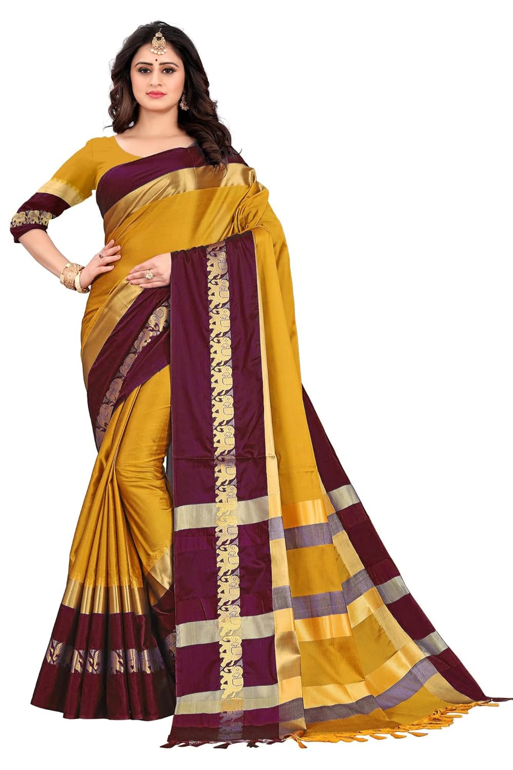 Women's Cotton Silk Plain Zari Work Designer Saree