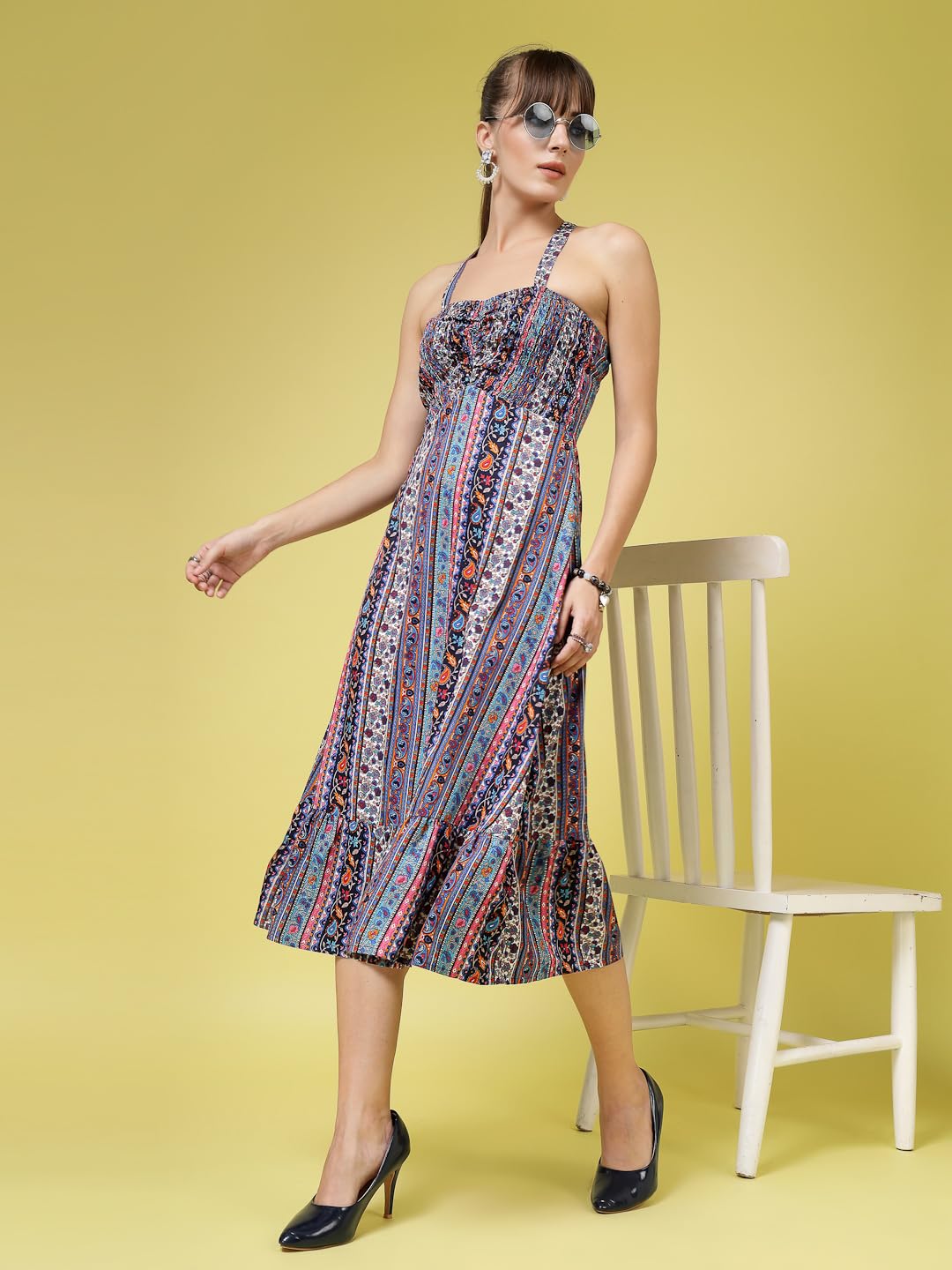 OOMPH! Women A-Line Printed Crepe Midi Dress, Smocked Bodice
