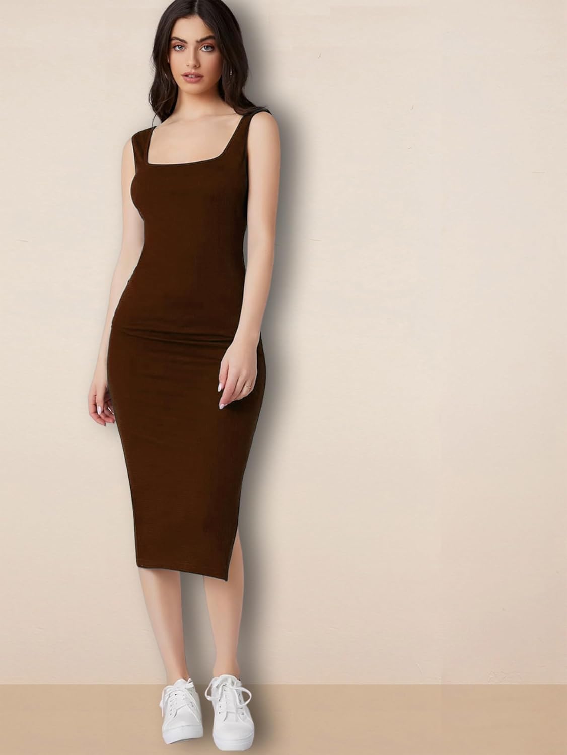 rosery paris Square Neck Sleeveless Black Bodycon Dress for Women and Casual wear