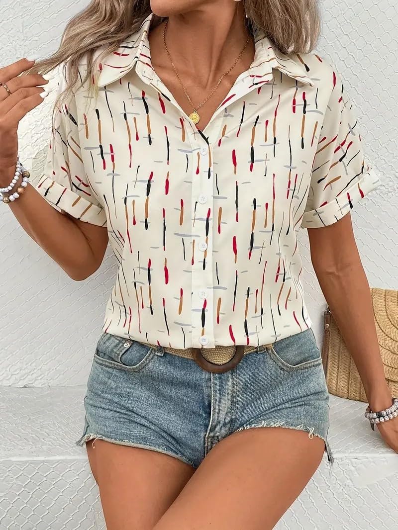 Gufrina Women’s Short Sleeve Button Down Shirt with Abstract Brushstroke Print in Beige and Multicolor - Lightweight Casual Summer Top for Relaxed Fit
