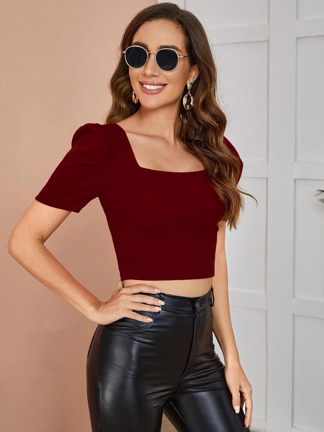 Istyle Can Solid/Plain Puff Sleeve/Short Sleeve Square Neck Slim Fit Streachable Lycra Blend Crop Top for Women | Crop top | Square Neck top | top for Women