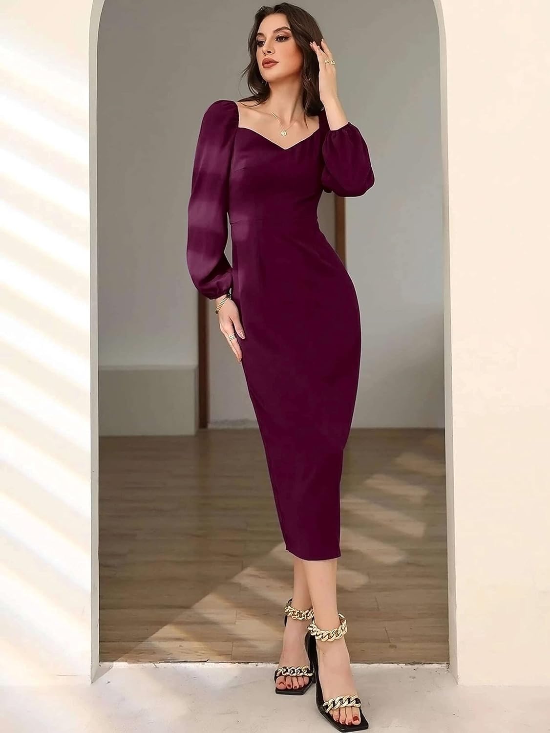 rosery paris Midi Bodycon Bishop Puff Sleeve One Piece Dress Causal Formal