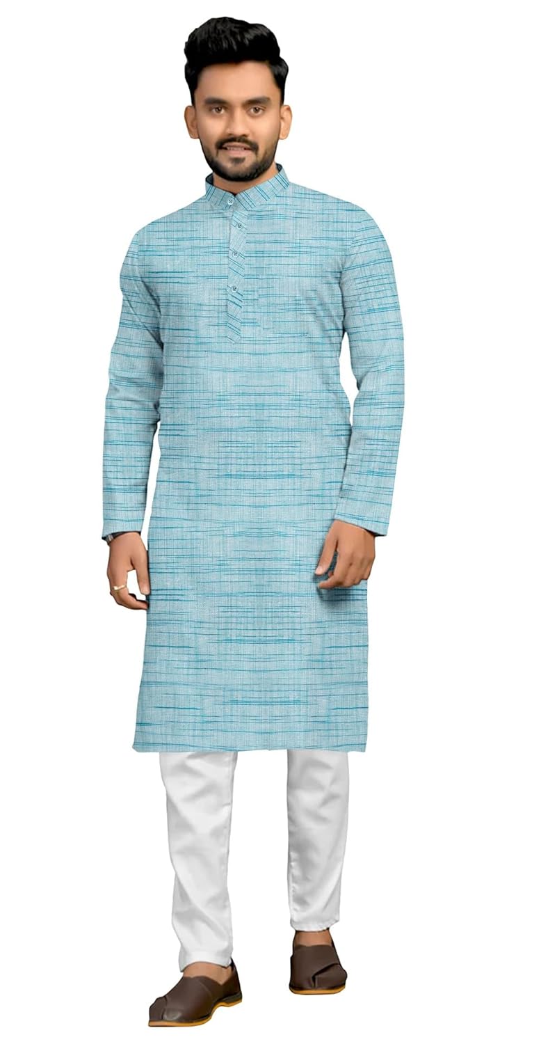 Mens Cotton Blend Full Sleeves Solid Casual Long Kurta
