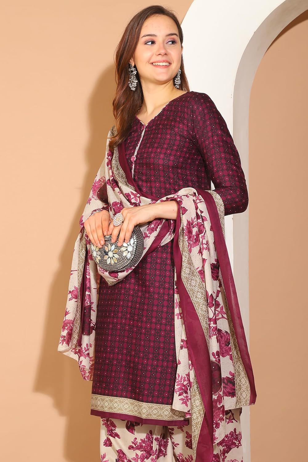 Merira Wine Cotton Blend Printed Ready to Wear