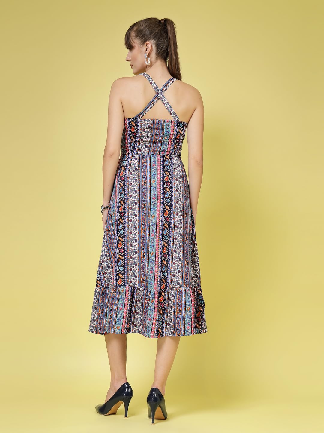 OOMPH! Women A-Line Printed Crepe Midi Dress, Smocked Bodice