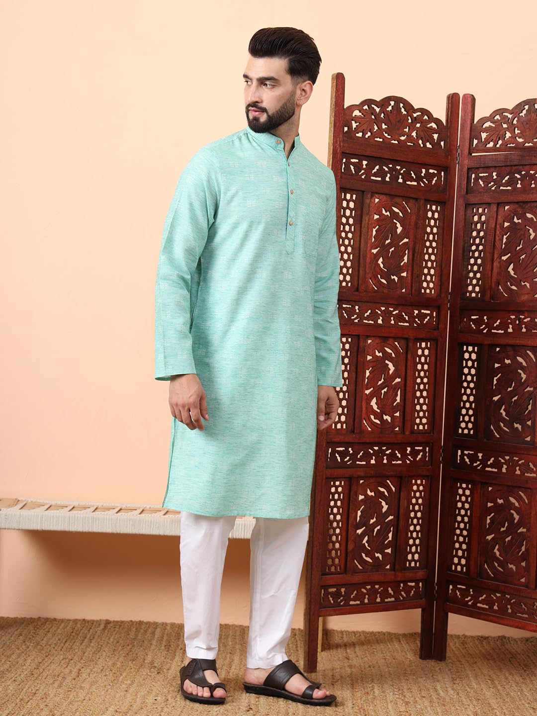CHIKAN Men's Cotton Regular Textured Long Kurta