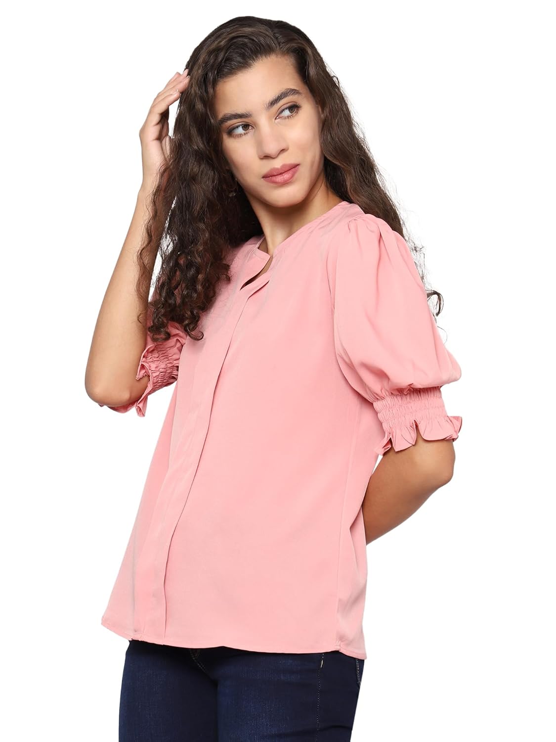 AntiQa Solid Puff Sleeve Top for Women Stylish Western - Casual V-Neck Ruffle Sleeve Blouse Wear as Latest Formal Office Tunics Western Tops for Summer, Short Plain Shirt for Womens