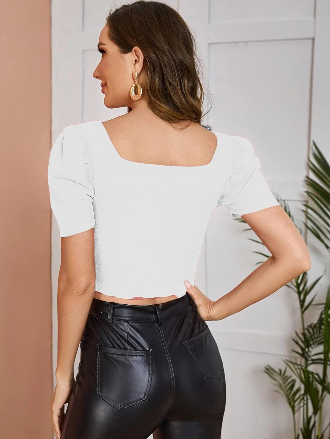 Istyle Can Solid/Plain Puff Sleeve/Short Sleeve Square Neck Slim Fit Streachable Lycra Blend Crop Top for Women | Crop top | Square Neck top | top for Women