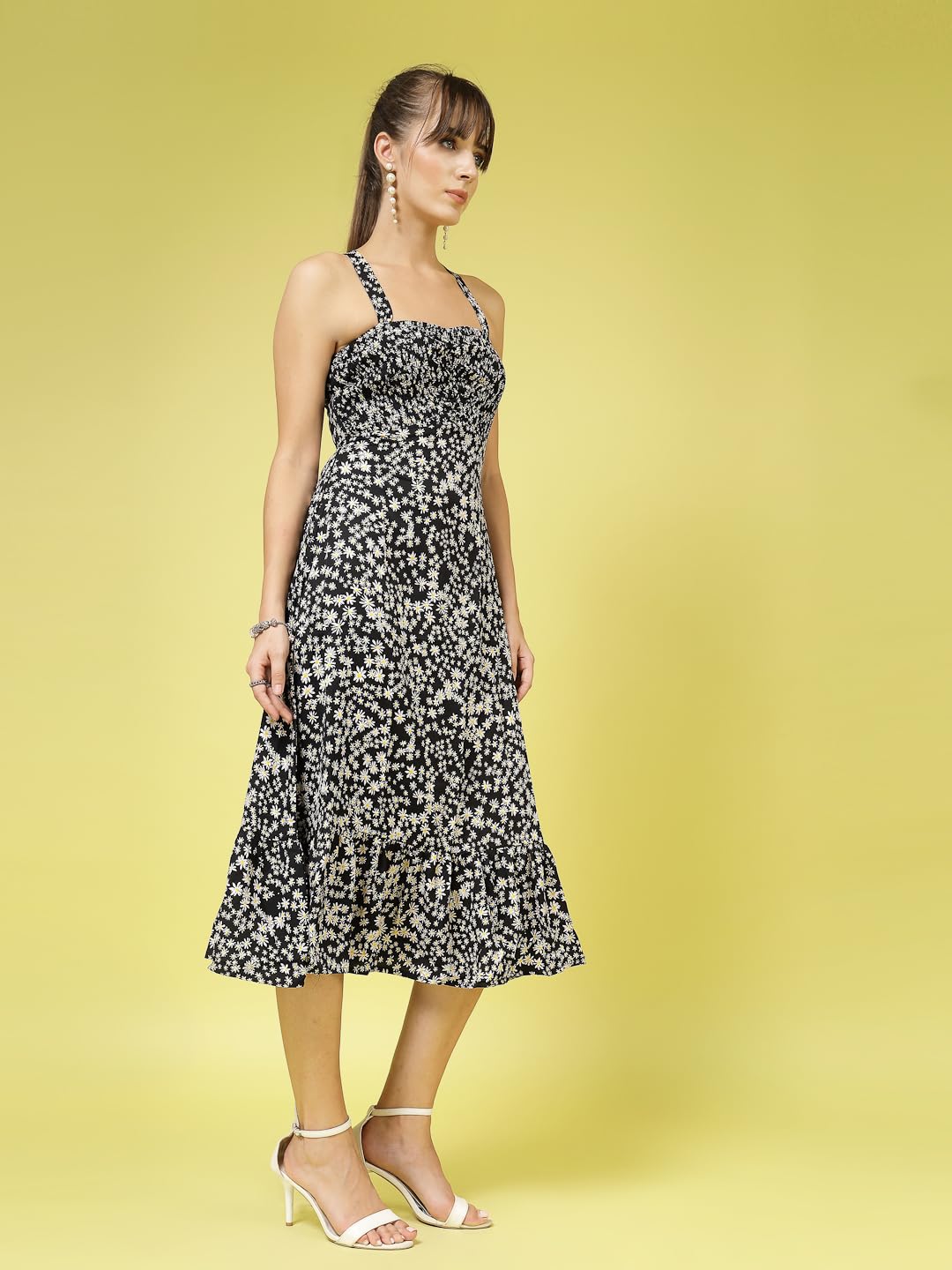 OOMPH! Women A-Line Printed Crepe Midi Dress, Smocked Bodice