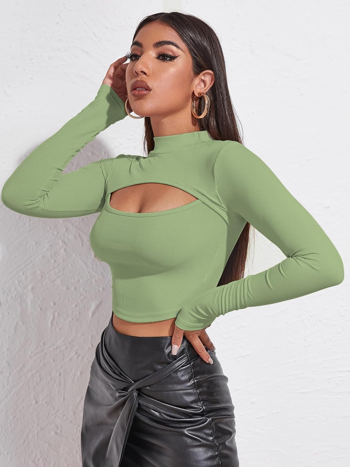 Sugathari Women's & Girl's Solid Knitted Full Sleeve High Neck Ruched Bust Crop Tee Tops (Top 109)