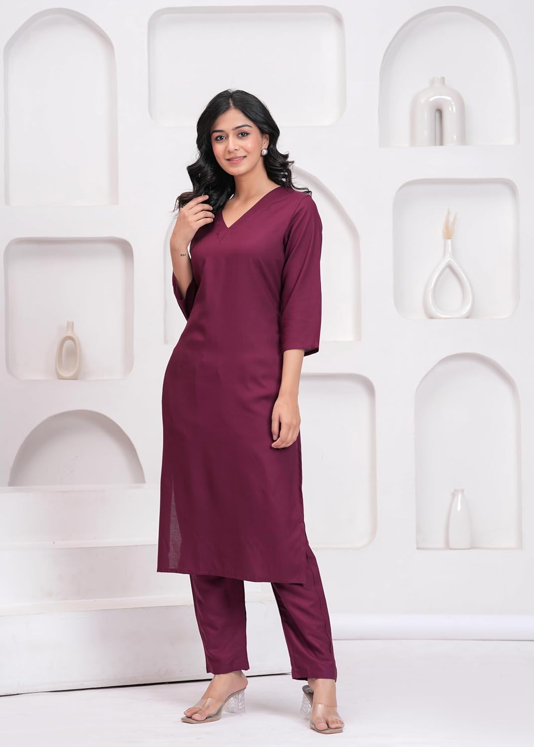 Women's Rayon Solid Plain v Neck Kurta Trouser/Pant Set