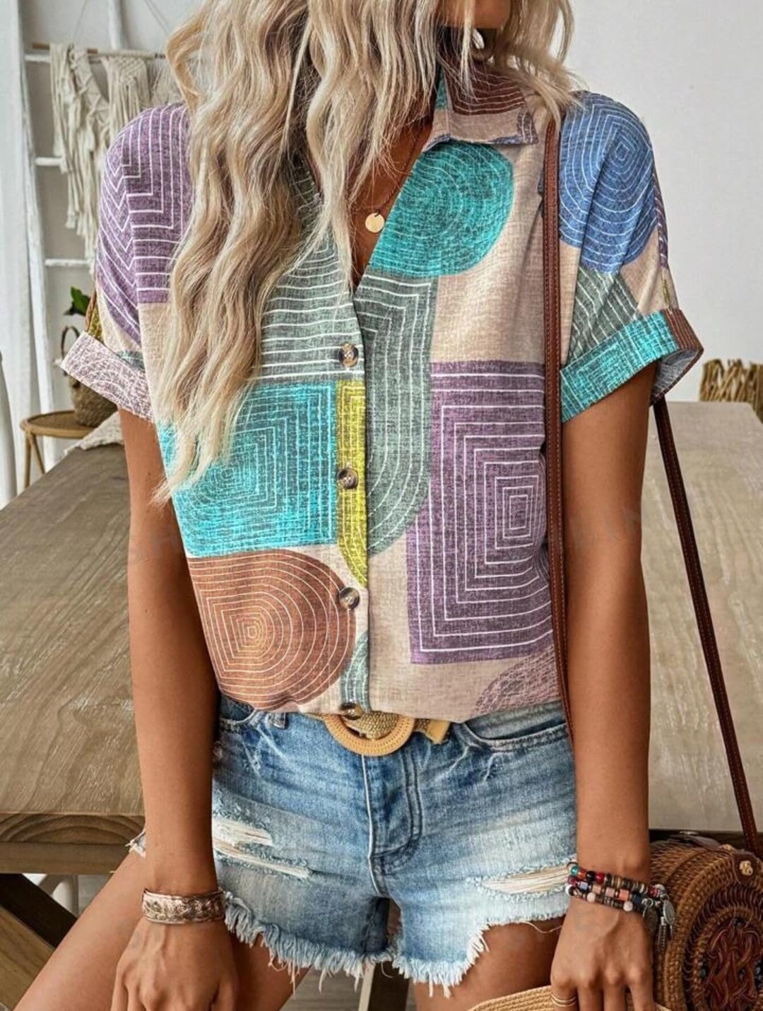Gufrina Women's Colorful Abstract Geometric Print Shirt