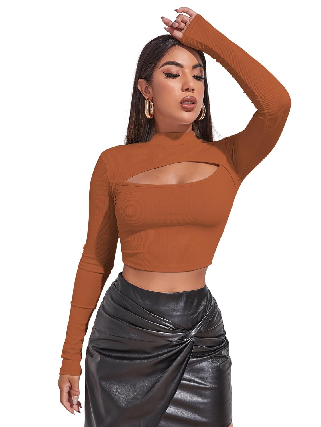 Sugathari Women's & Girl's Solid Knitted Full Sleeve High Neck Ruched Bust Crop Tee Tops (Top 109)