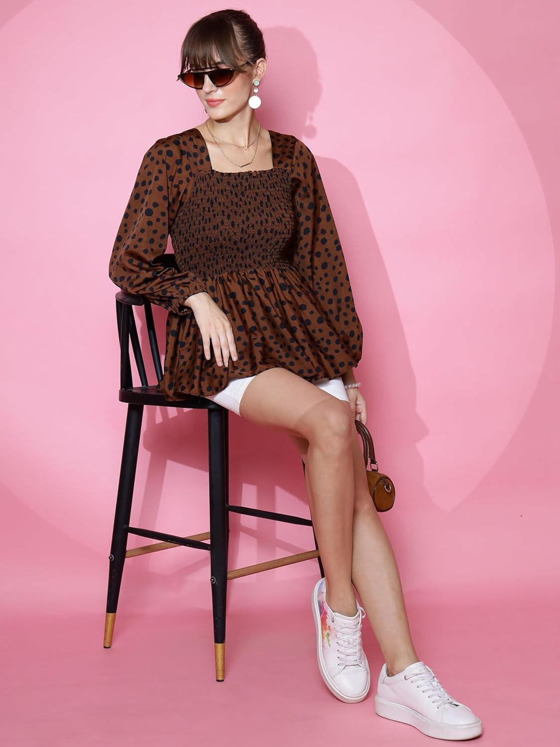Sheetal Associates Women's Casual Bishop Sleeves Polka Print Peplum Top