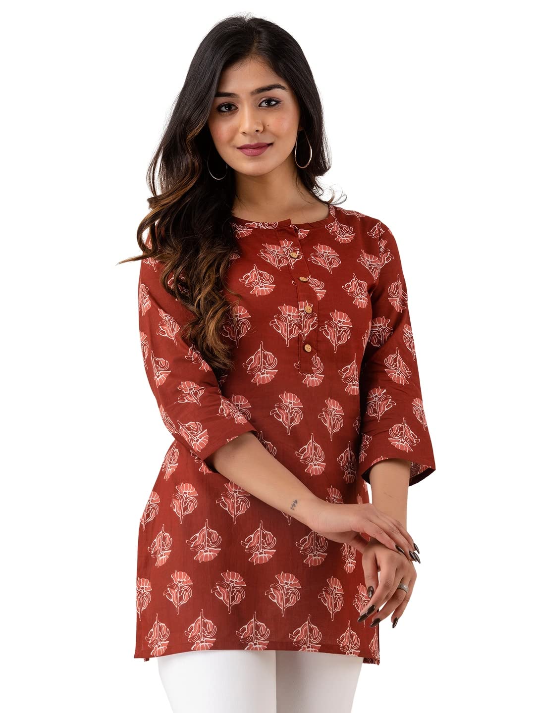 feranoid Women Cotton Printed Straight Short Kurti