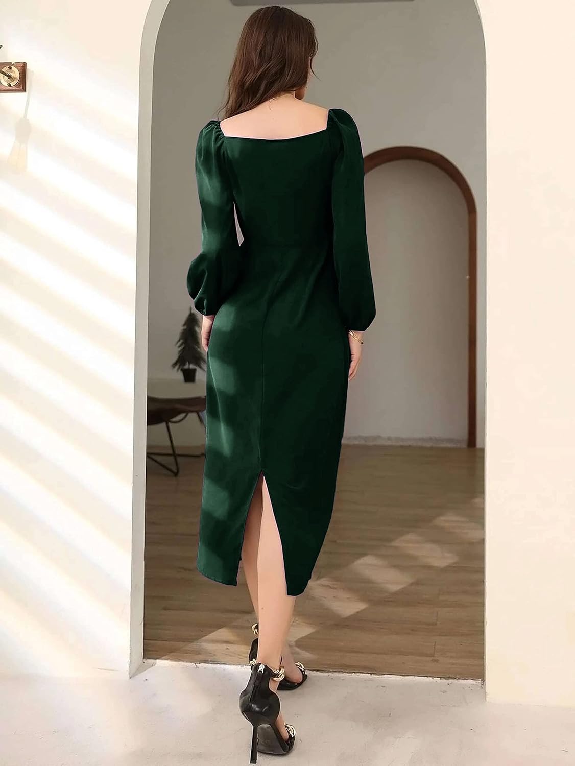 rosery paris Midi Bodycon Bishop Puff Sleeve One Piece Dress Causal Formal