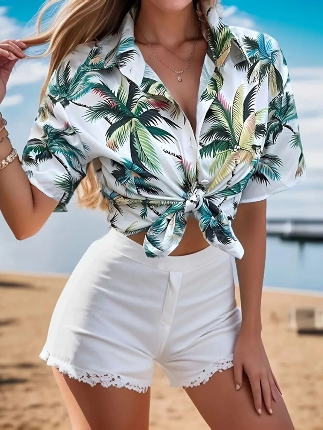 Trendy Queen Women's Short Sleeve Button-Down Shirt | Printed Casual Crop Top | Stylish Collared Shirt for Women | Oversized Shirt for Women