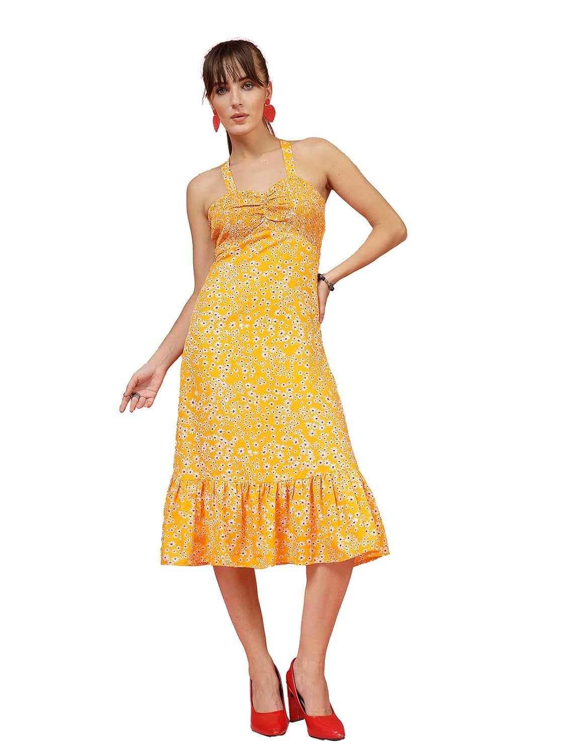 OOMPH! Women A-Line Printed Crepe Midi Dress, Smocked Bodice