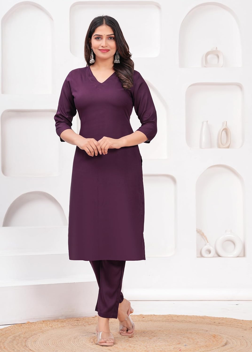 Women's Rayon Solid Plain v Neck Kurta Trouser/Pant Set