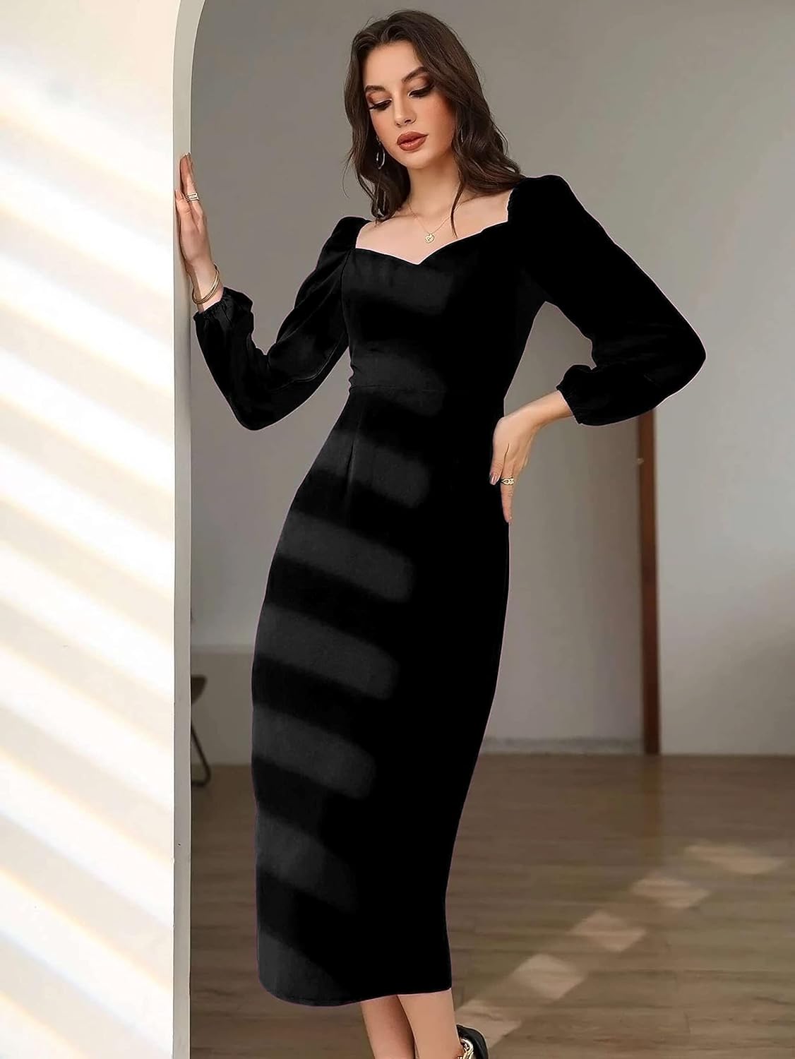 rosery paris Midi Bodycon Bishop Puff Sleeve One Piece Dress Causal Formal