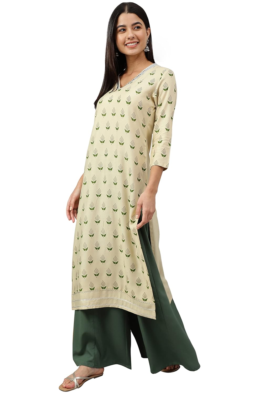 Women's Orange Rayon Gold Floral Print Straight Kurta