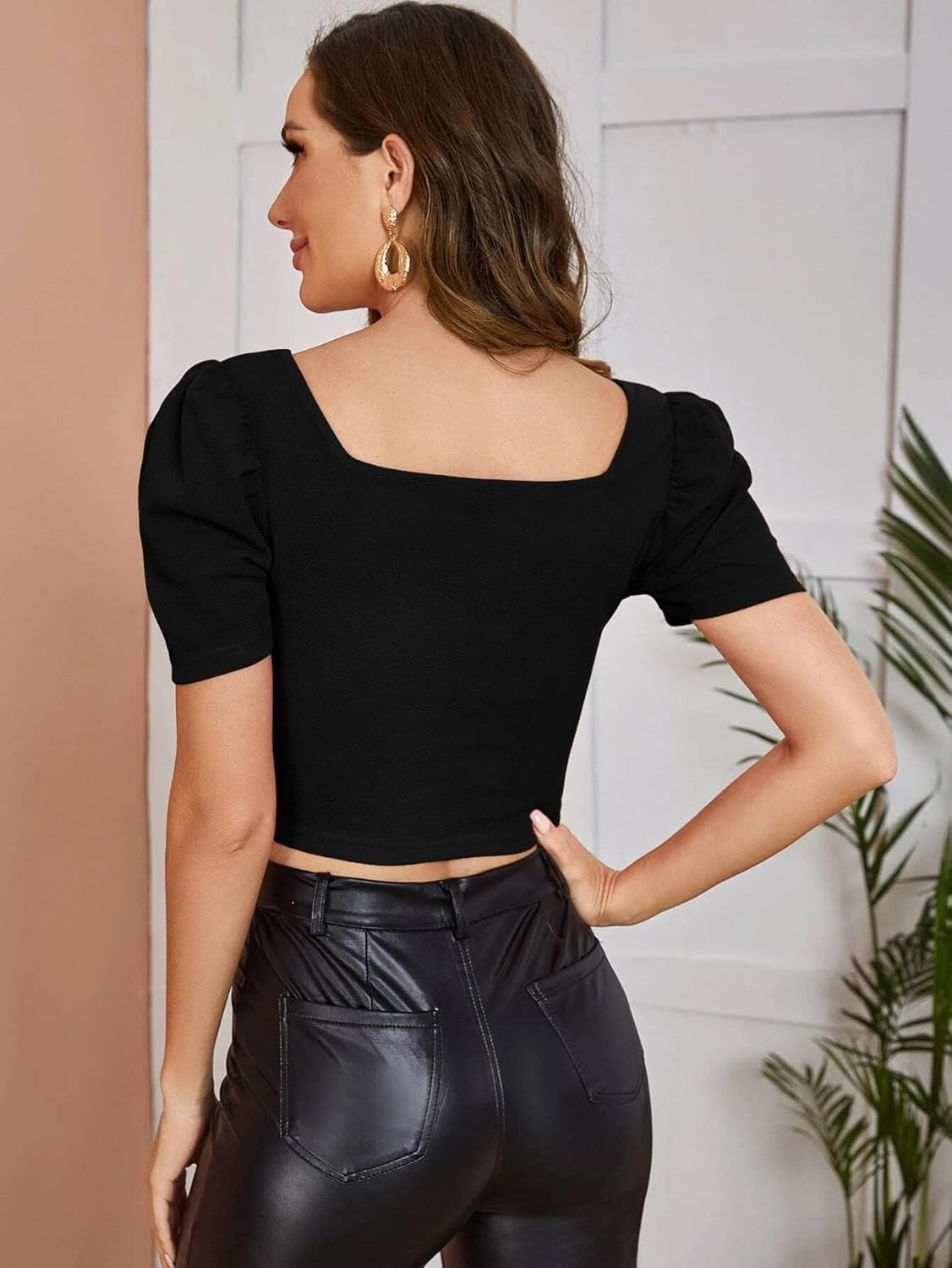 Istyle Can Solid/Plain Puff Sleeve/Short Sleeve Square Neck Slim Fit Streachable Lycra Blend Crop Top for Women | Crop top | Square Neck top | top for Women