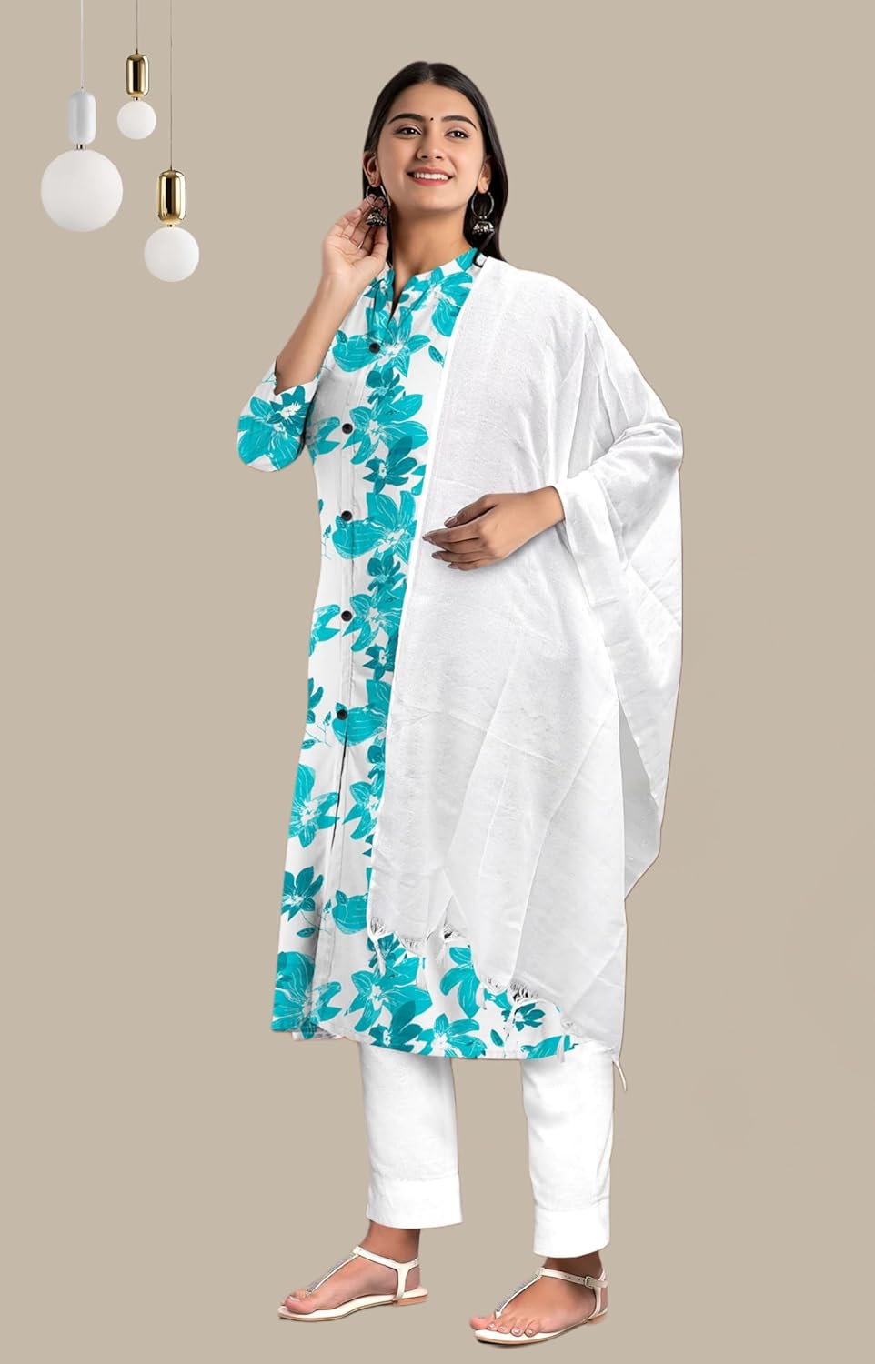 Women's Cotton Floral Print Kurti Pant Set with Dupatta