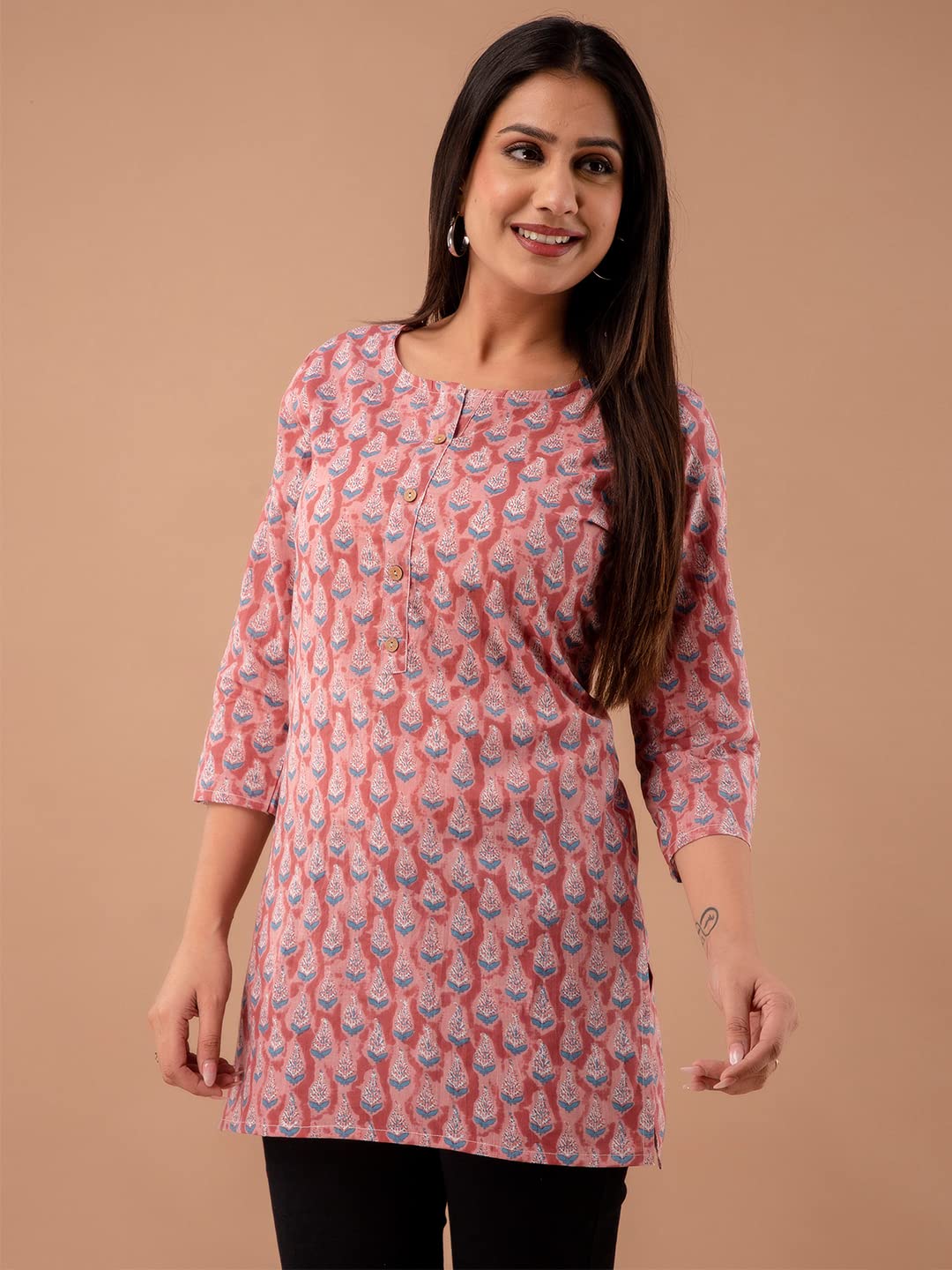 feranoid Women Cotton Printed Straight Short Kurti
