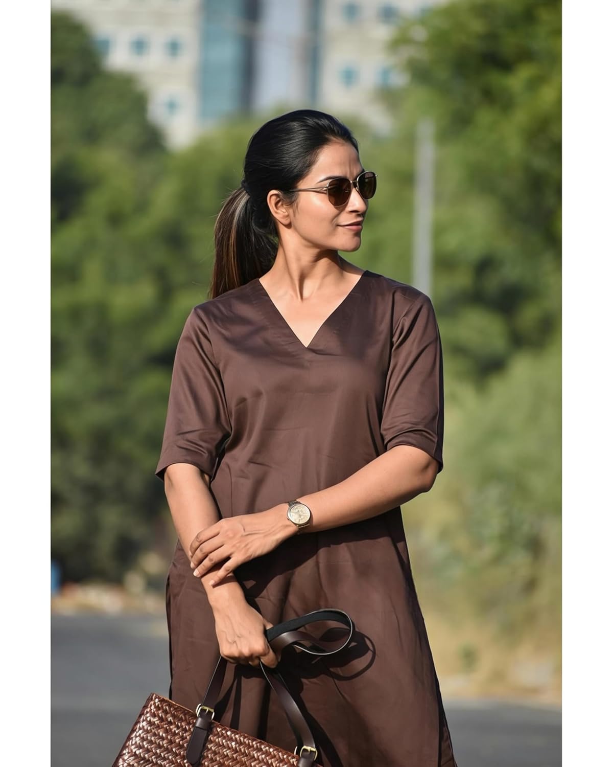 Women's Rayon Solid Plain v Neck Kurta Trouser/Pant Set