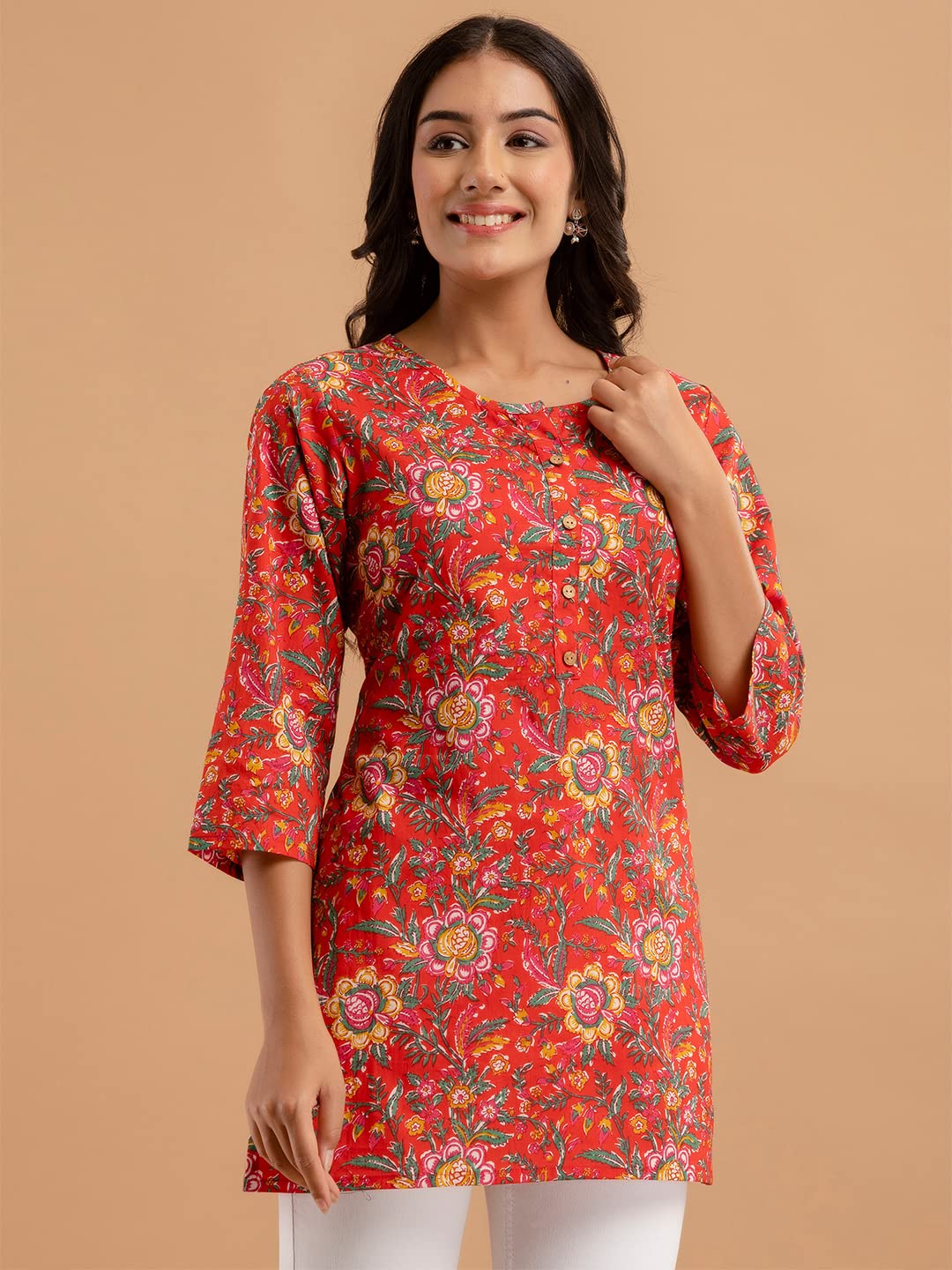 feranoid Women Cotton Printed Straight Short Kurti