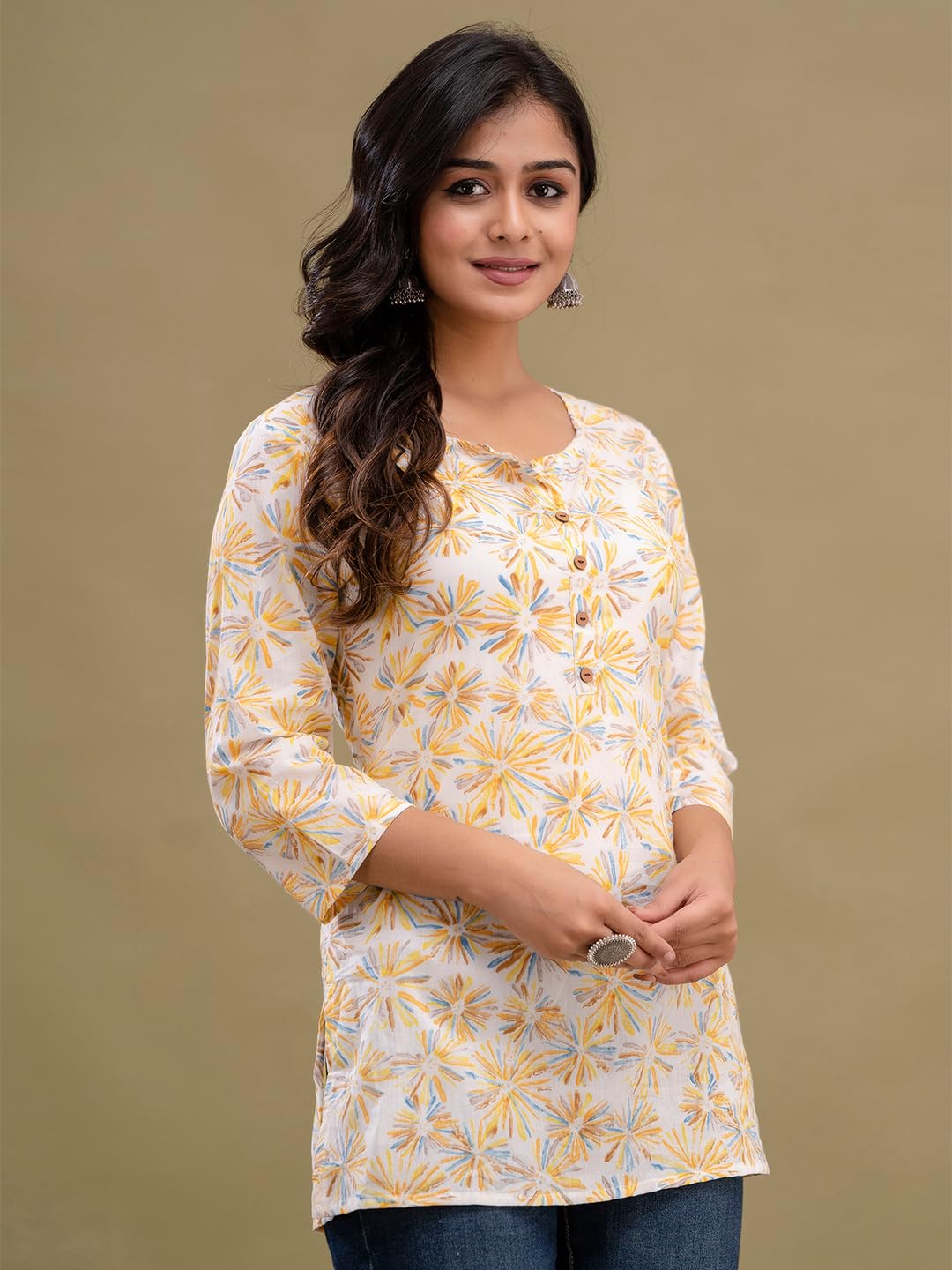 feranoid Women Cotton Printed Straight Short Kurti