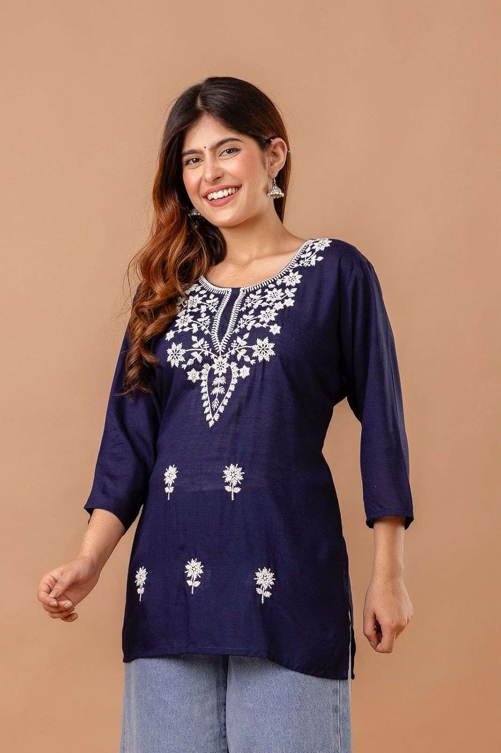 Women's Cotton Kurti with White Floral Embroidery