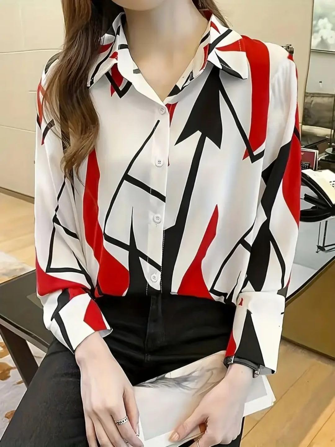 Trendy Queen Women's Short Sleeve Button-Down Shirt | Printed Casual Crop Top | Stylish Collared Shirt for Women | Oversized Shirt for Woman