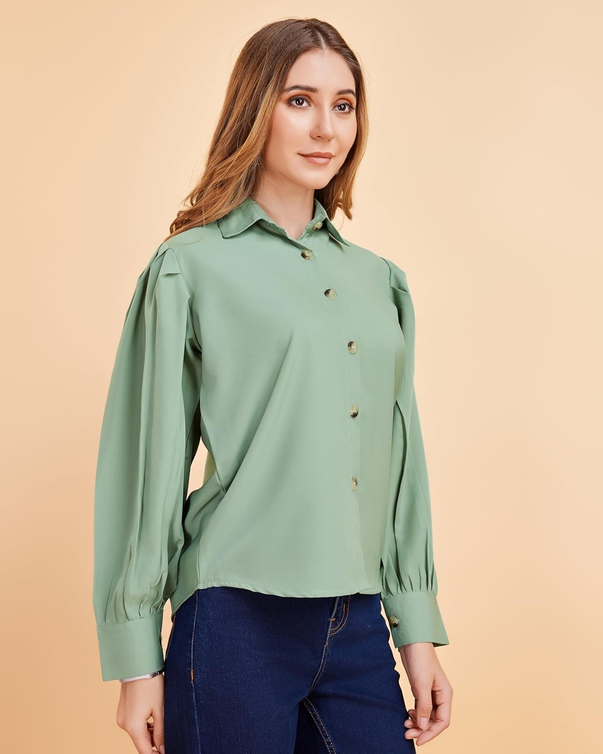 harshiv Enterprise Women's Crepe Casual Balloon Sleeve Shirt | Stylish Lightweight Top for Office, Travel Comfortable, Breathable, Easy to Care Fabric