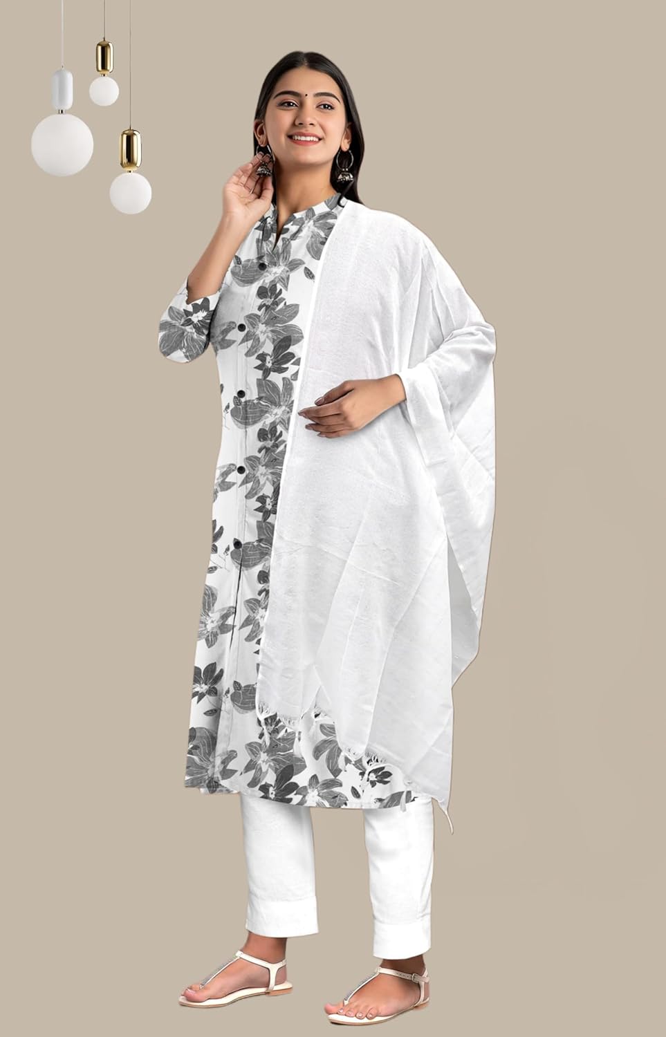 Women's Cotton Floral Print Kurti Pant Set with Dupatta