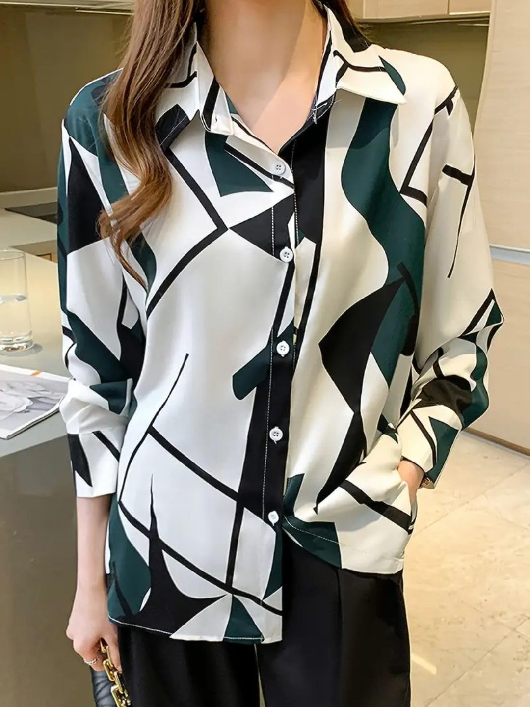 Trendy Queen Women's Short Sleeve Button-Down Shirt | Printed Casual Crop Top | Stylish Collared Shirt for Women | Oversized Shirt for Woman
