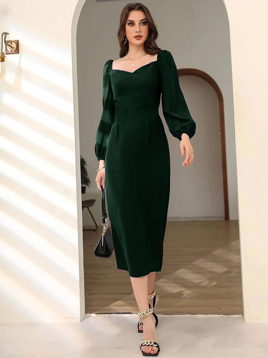 rosery paris Midi Bodycon Bishop Puff Sleeve One Piece Dress Causal Formal