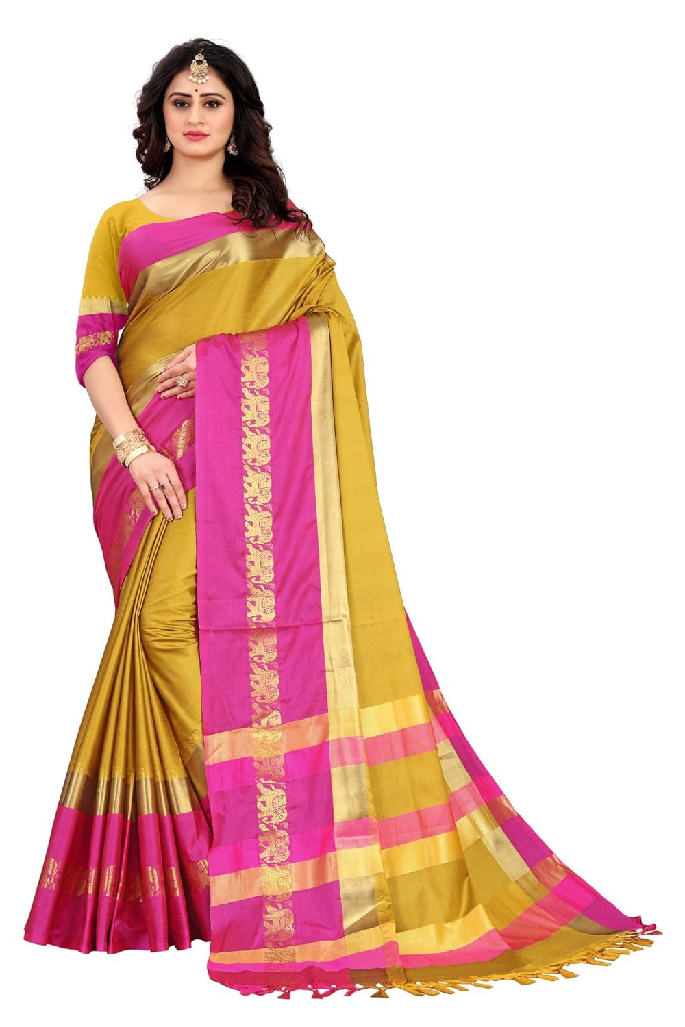 Women's Cotton Silk Plain Zari Work Designer Saree