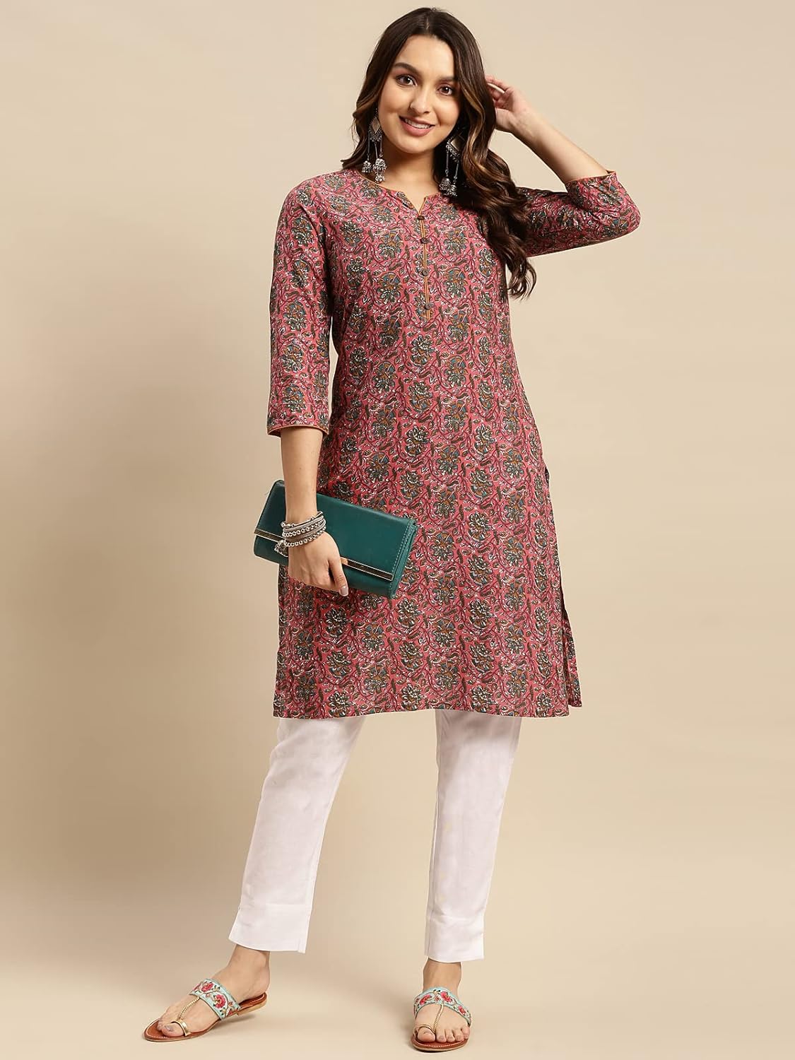 Rangita Coral Cotton Knee Length Printed Straight Kurti