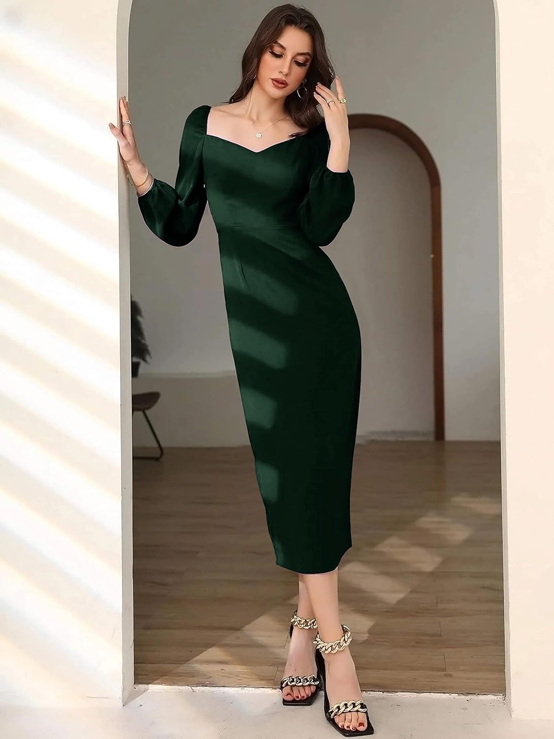 rosery paris Midi Bodycon Bishop Puff Sleeve One Piece Dress Causal Formal