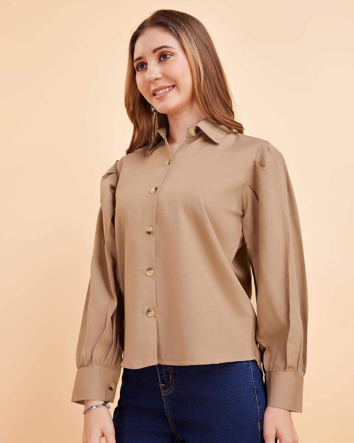 harshiv Enterprise Women's Crepe Casual Balloon Sleeve Shirt | Stylish Lightweight Top for Office, Travel Comfortable, Breathable, Easy to Care Fabric