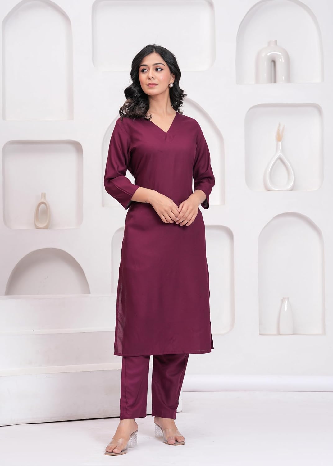 Women's Rayon Solid Plain v Neck Kurta Trouser/Pant Set