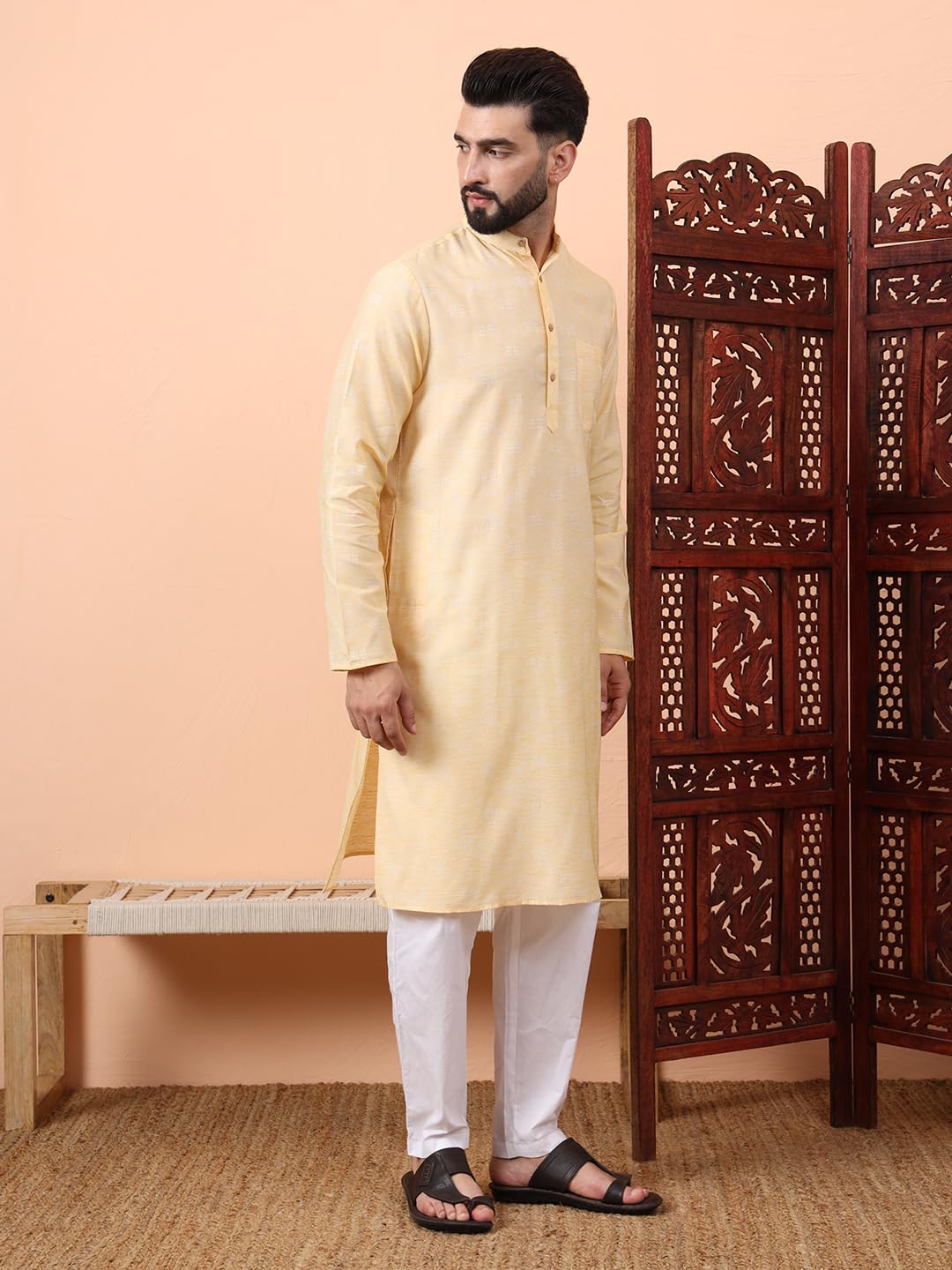 CHIKAN Men's Cotton Regular Textured Long Kurta