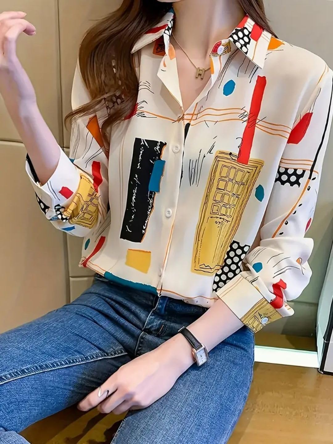 Trendy Queen Women's Printed Straight Mandarin Neck Shirt for Women's | Tops for Woman Shirts | Shirt for Women Stylish Western (SD778_S)