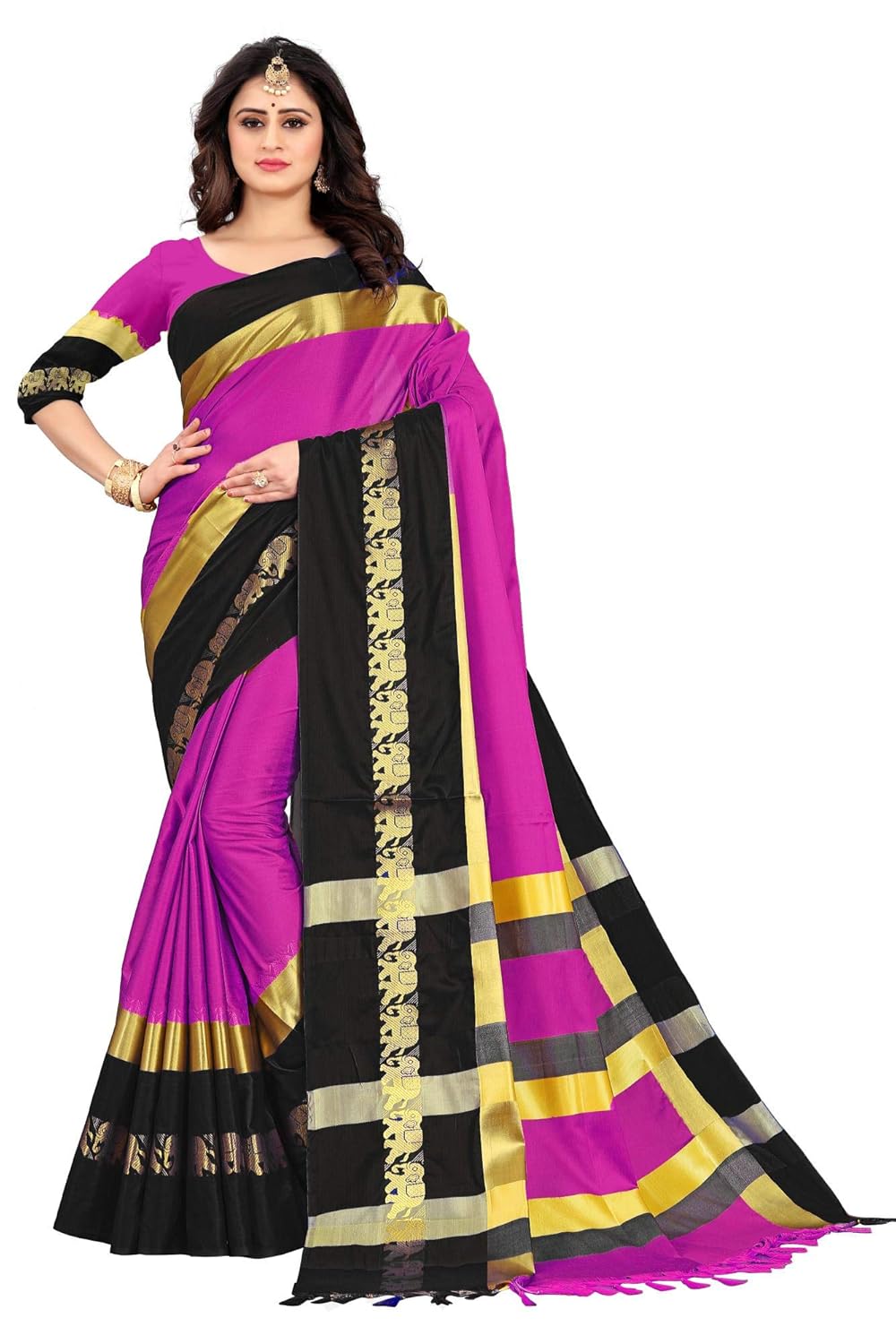 Women's Cotton Silk Plain Zari Work Designer Saree