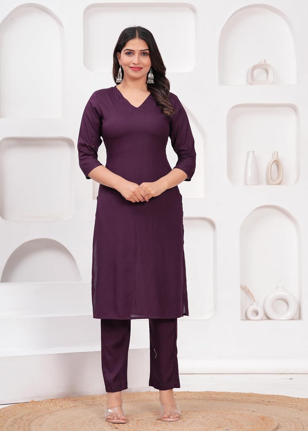 Women's Rayon Solid Plain v Neck Kurta Trouser/Pant Set