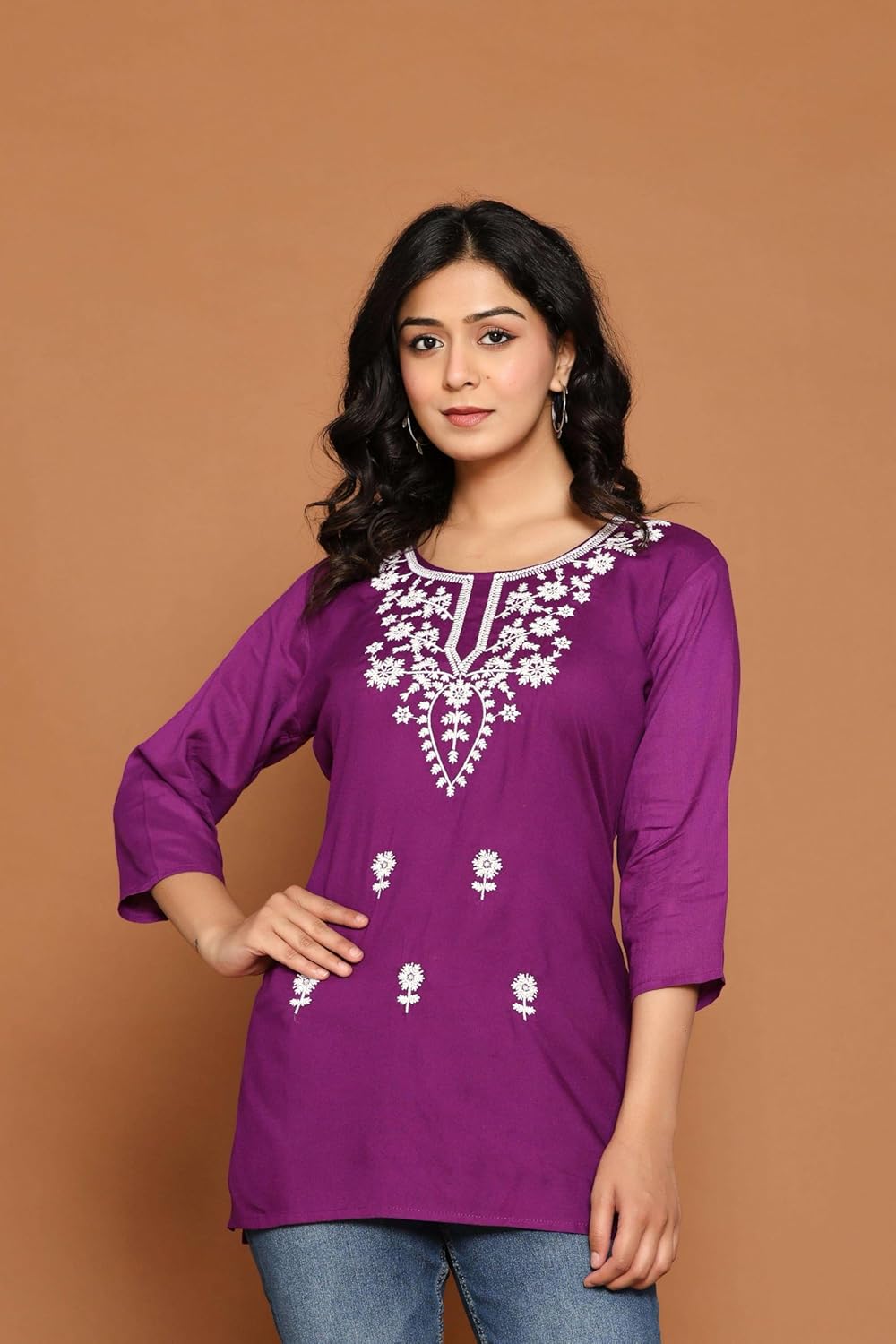 Women's Cotton Kurti with White Floral Embroidery
