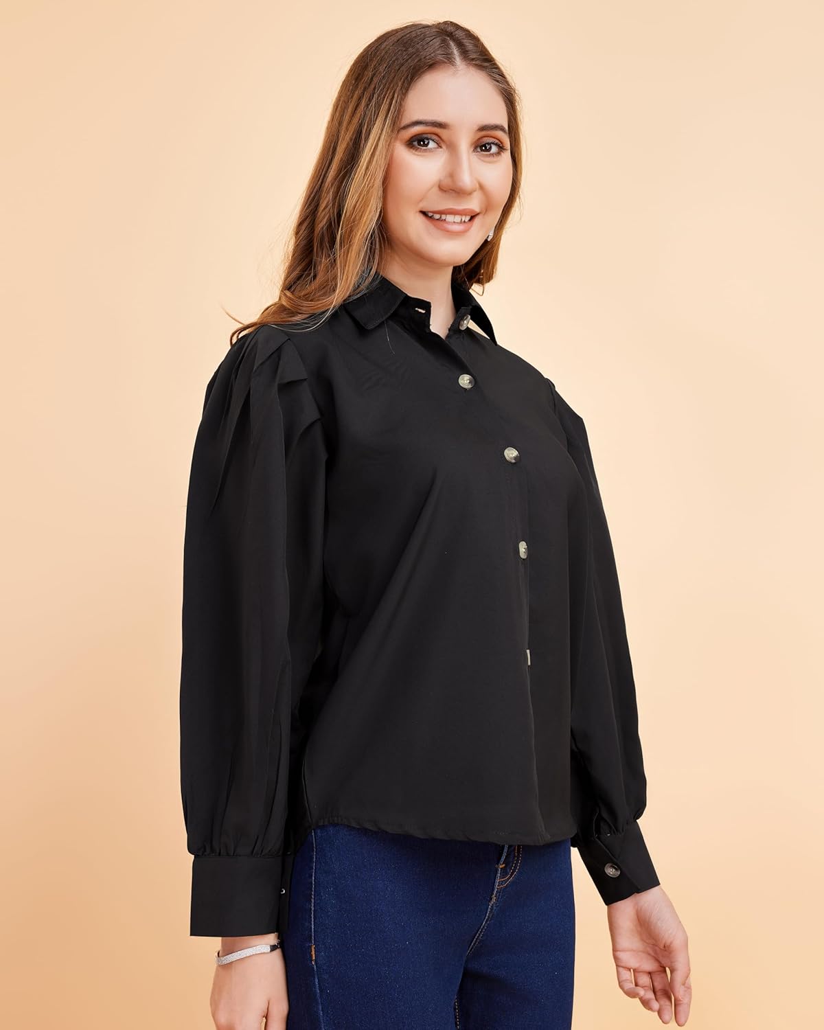 harshiv Enterprise Women's Crepe Casual Balloon Sleeve Shirt | Stylish Lightweight Top for Office, Travel Comfortable, Breathable, Easy to Care Fabric
