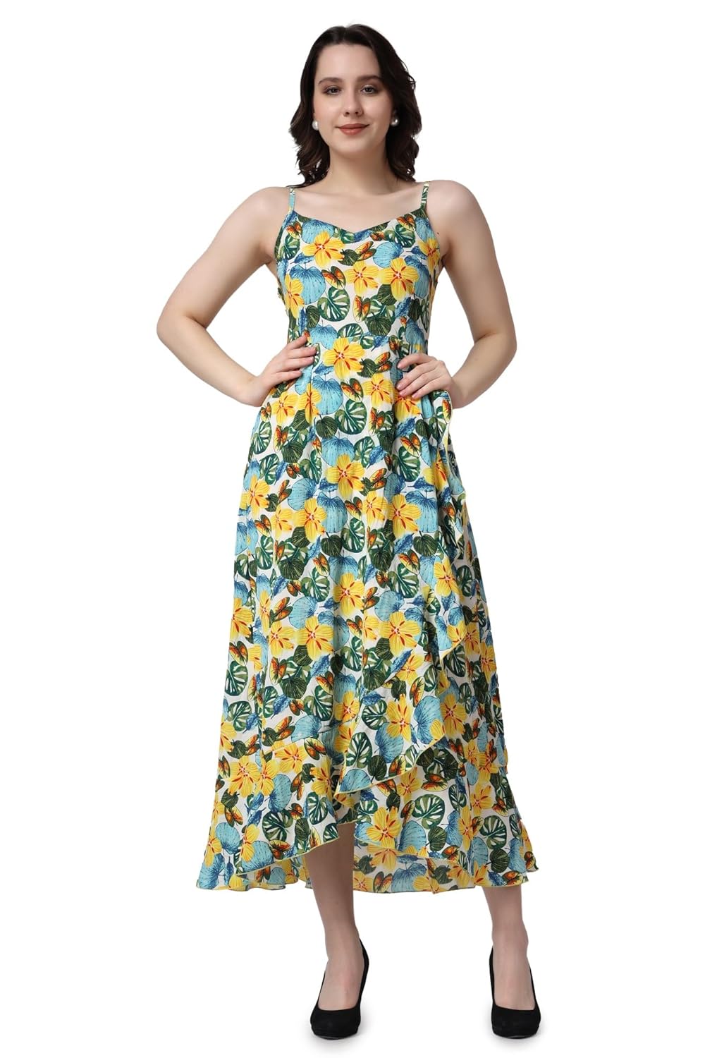 POPWINGS Casual Floral Printed Maxi Length Fit & Flare Dress for Women || Summer Dress for Women || Flare Maxi Dress for Women Stylish || Sleeveless Dress for Women